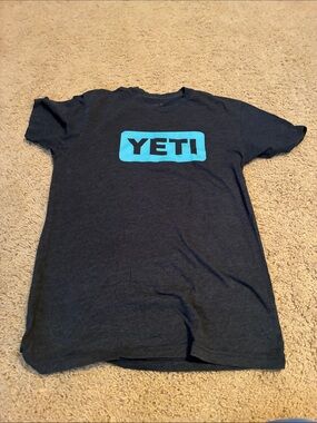 Yeti Navy T‑Shirt with Aqua Logo (size small).